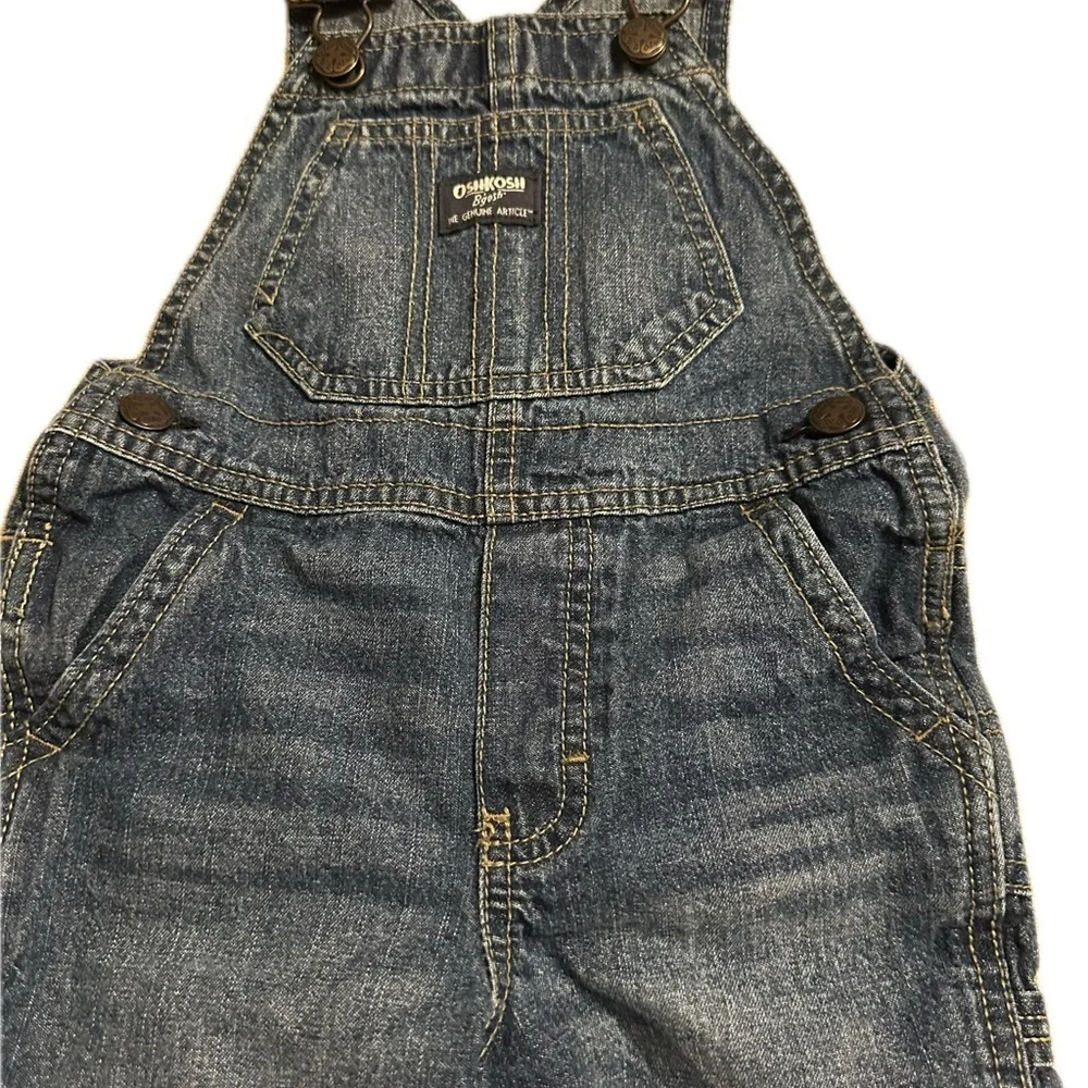 OshKosh B'gosh Blue Denim Overalls w/ Navy Striped Straps 2T Boat Americana July